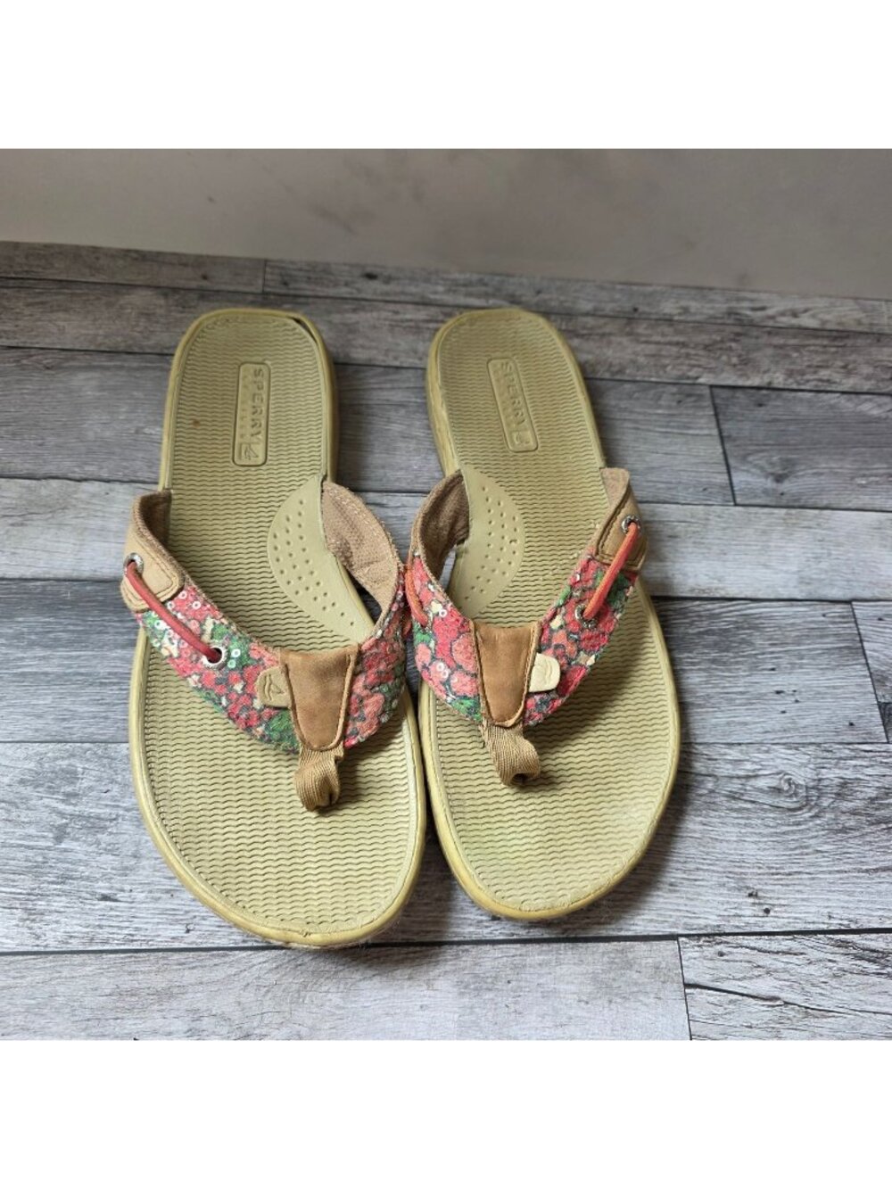 Sperry Womens Floral Print Flip Flop Sandals Size 8M Beige & Pink Non-Marking So